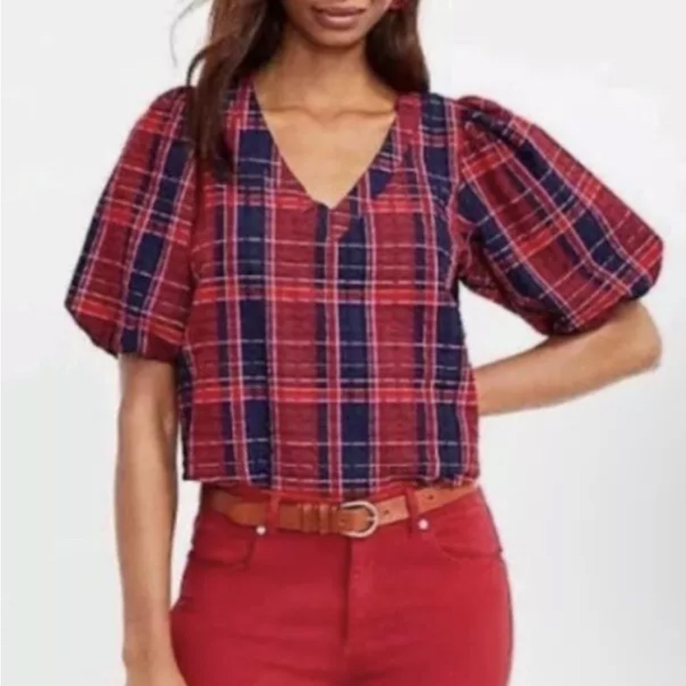 LOFT Plaid Puff Sleeve Sweetheart Blouse Women's Red Pink Navy Size XL